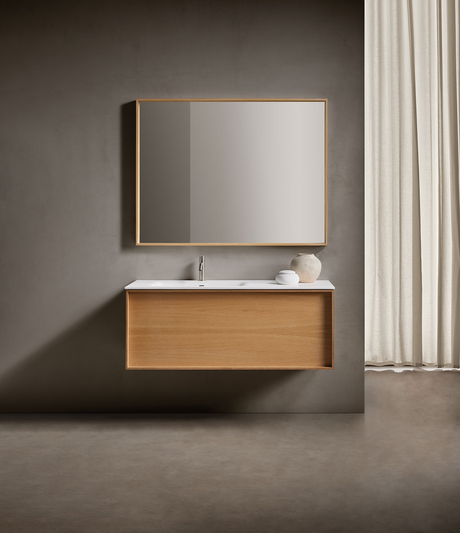 Mueble baño Aalto rectangular flotante en madera y parte superior en blanco