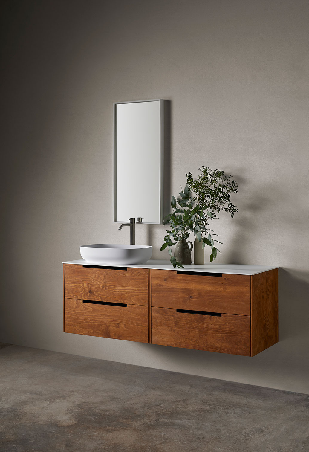 Mueble baño Dumbo flotante rectangular con 4 cajones simétricos de madera con superficie en blanco