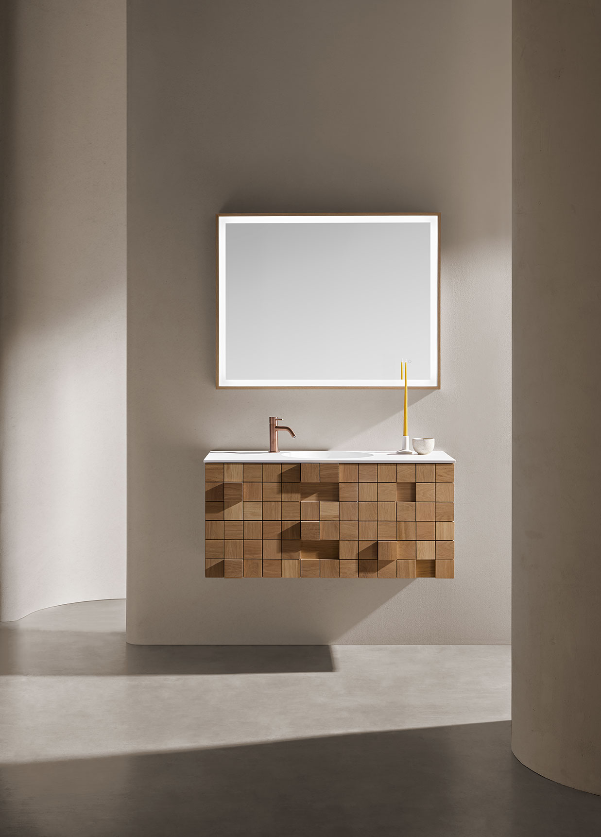 Mueble baño Grid rectangular flotante en madera con textura de cubos y parte superior en blanco