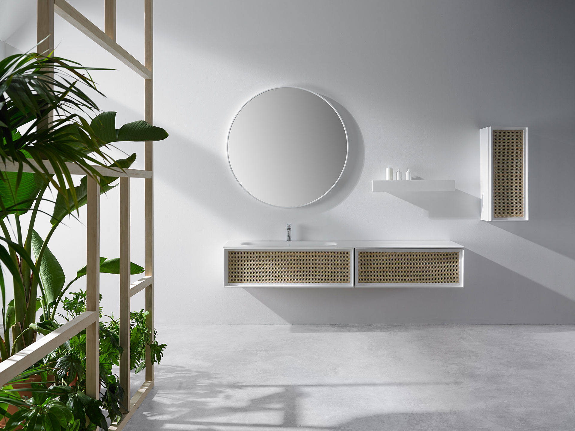 Mueble baño Roten flotante rectangular doble cajón en mimbre, madera blanca y superficie blanca