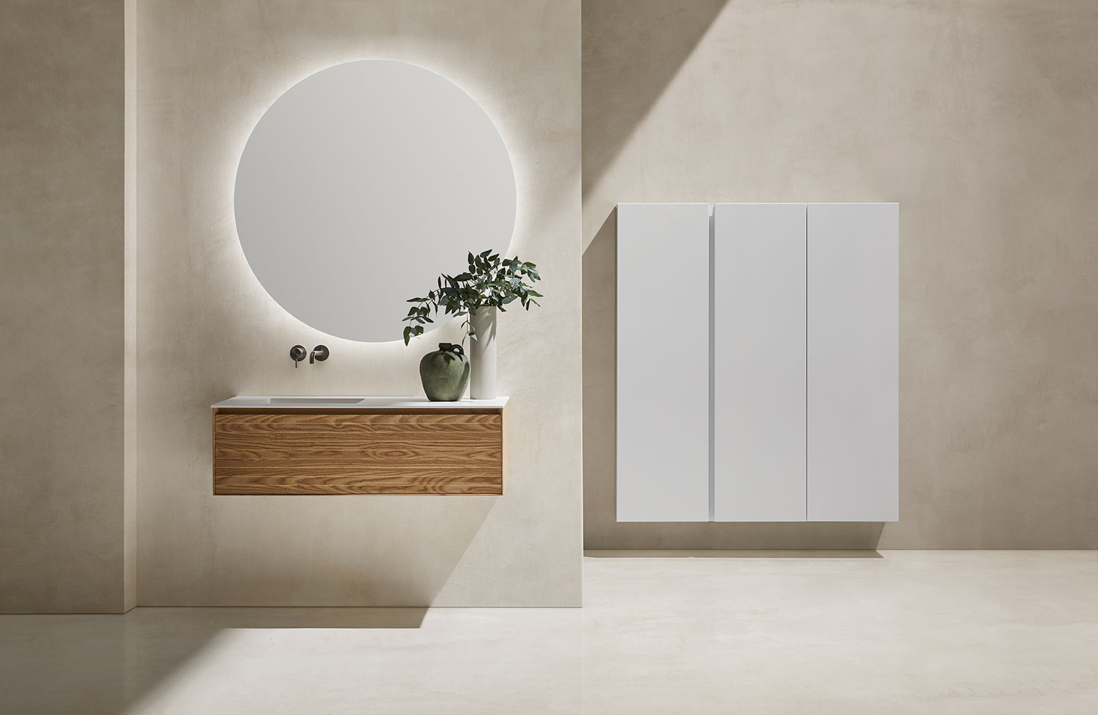 Mueble baño Slat 1C con flotante rectangular en madera y superficie en blanco