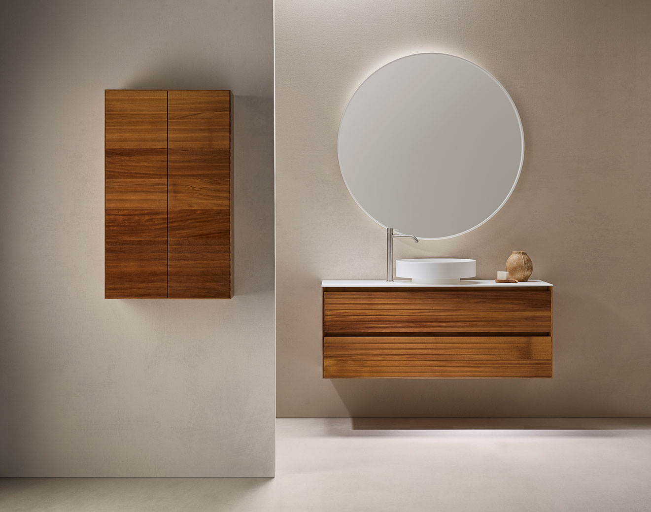 Mueble baño Slat 2C con cajones flotante rectangular en madera y superficie en blanco