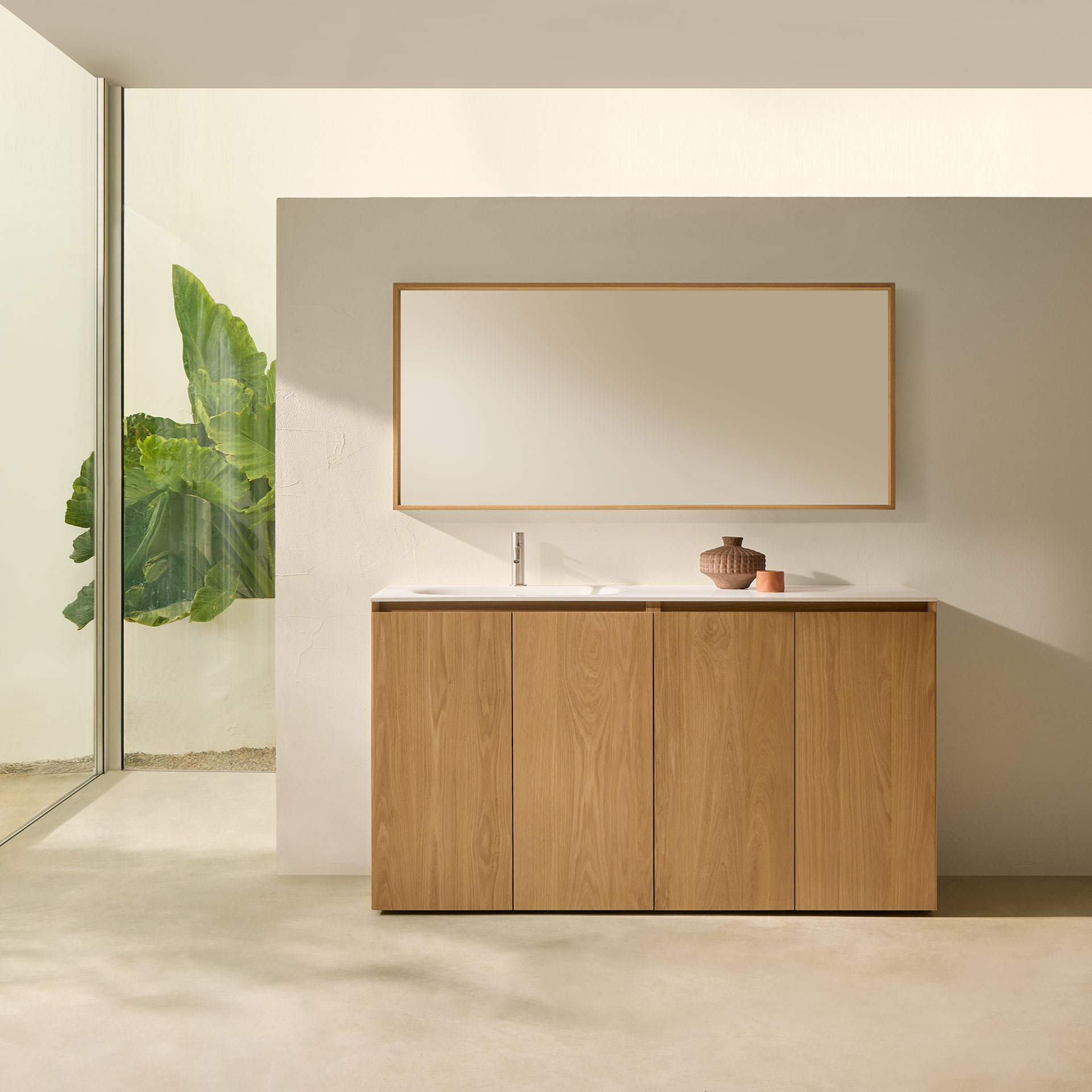 Mueble baño simétrico Gentle roble en madera dividido en 4 con superficie en blanco