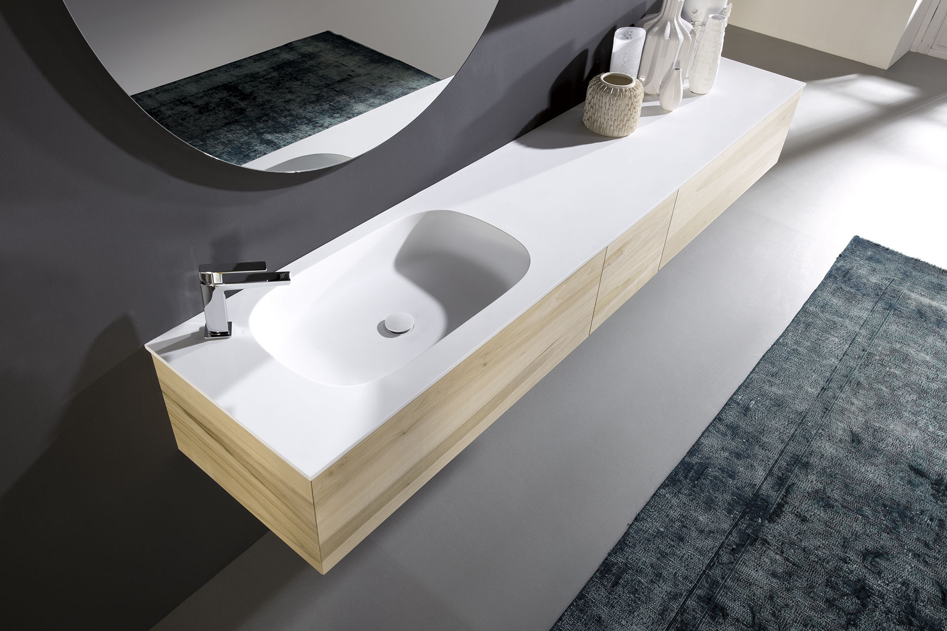 Mueble baño Tulip moderno flotante en madera con con superficie en blanco